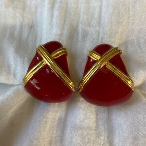 Donald Stanner Red Enamel & Gold Tone Clip‎ on Earrings